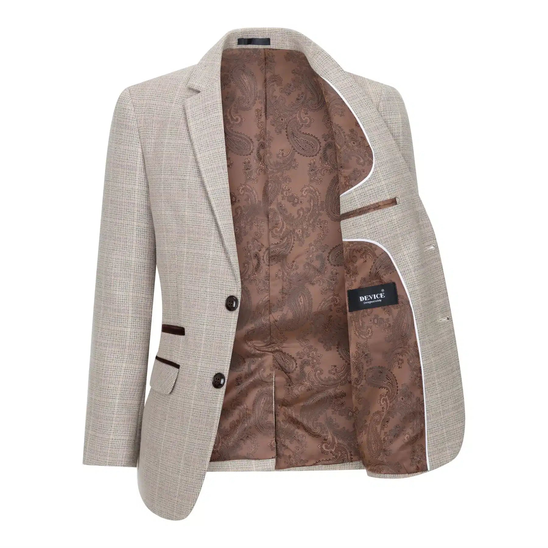 Terno de 3 peças para menino em tweed xadrez bege e marrom, estilo vintage retrô clássico.