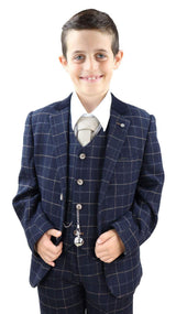 Terno xadrez azul-marinho de 3 peças para menino - Estilo Peaky Blinders, modelo Shelby