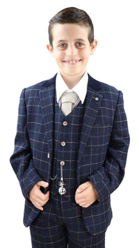 Terno xadrez azul-marinho de 3 peças para menino - Estilo Peaky Blinders, modelo Shelby