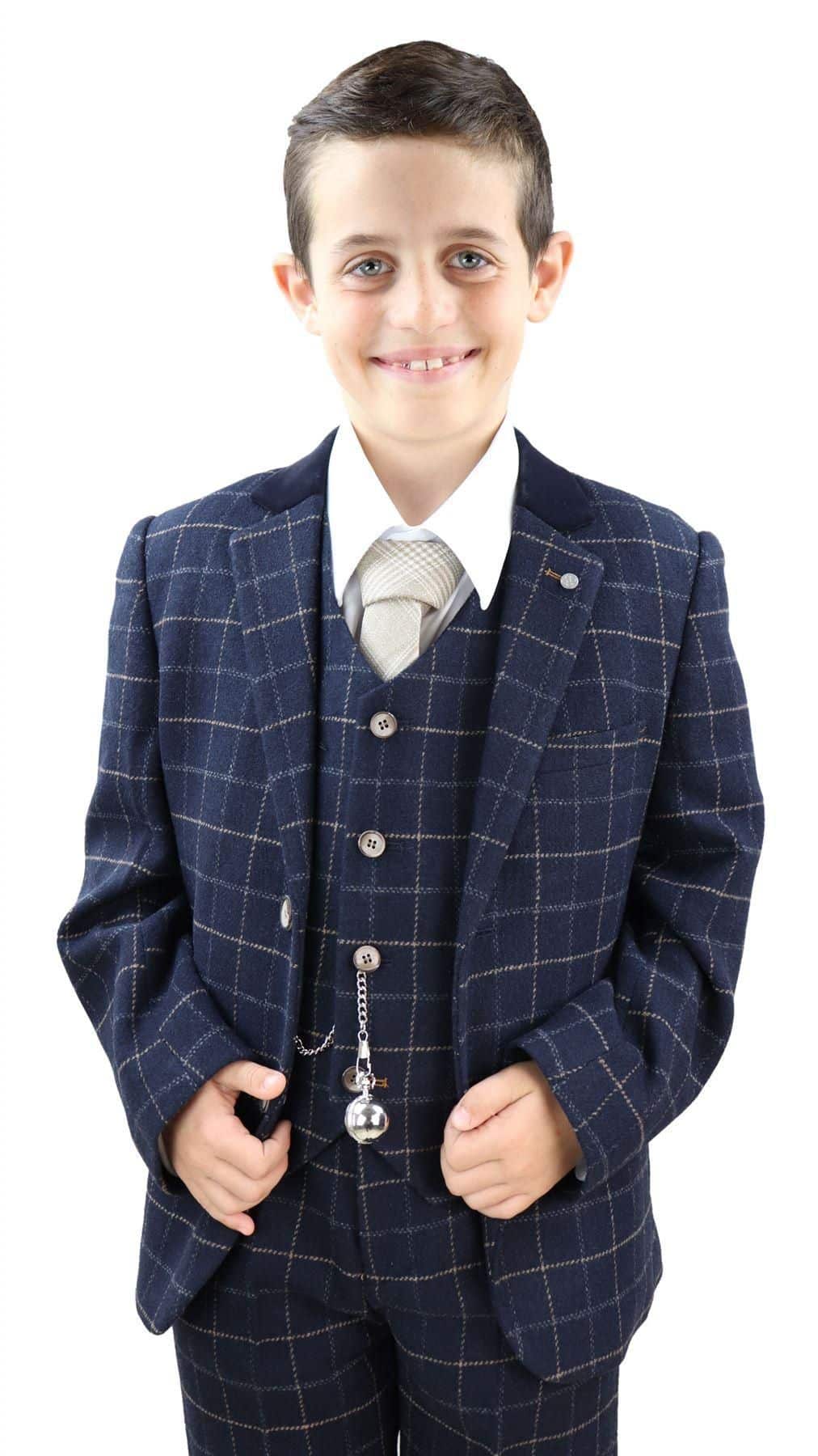 Terno xadrez azul-marinho de 3 peças para menino - Estilo Peaky Blinders, modelo Shelby