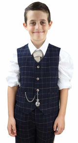 Terno xadrez azul-marinho de 3 peças para menino - Estilo Peaky Blinders, modelo Shelby