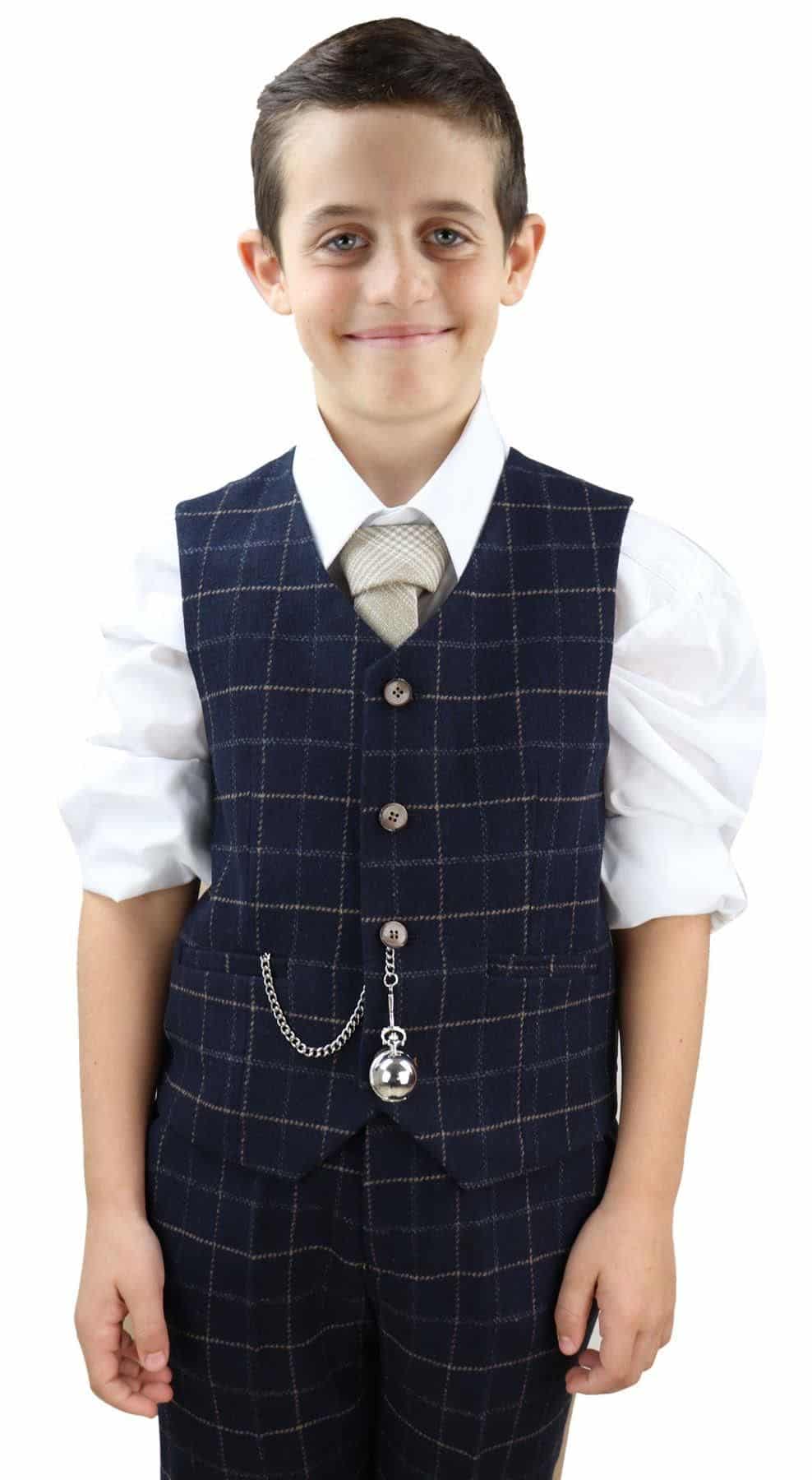 Terno xadrez azul-marinho de 3 peças para menino - Estilo Peaky Blinders, modelo Shelby
