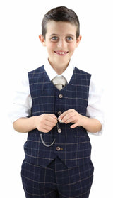 Terno xadrez azul-marinho de 3 peças para menino - Estilo Peaky Blinders, modelo Shelby