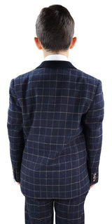 Terno xadrez azul-marinho de 3 peças para menino - Estilo Peaky Blinders, modelo Shelby