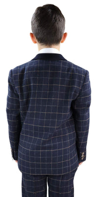 Terno xadrez azul-marinho de 3 peças para menino - Estilo Peaky Blinders, modelo Shelby