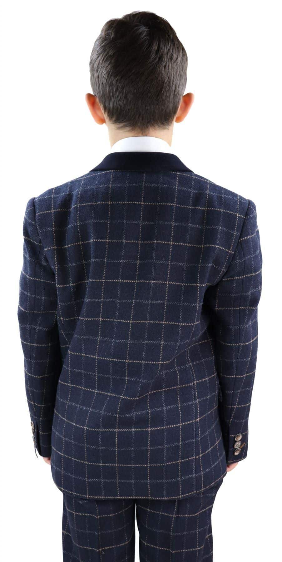 Terno xadrez azul-marinho de 3 peças para menino - Estilo Peaky Blinders, modelo Shelby