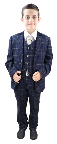 Terno xadrez azul-marinho de 3 peças para menino - Estilo Peaky Blinders, modelo Shelby