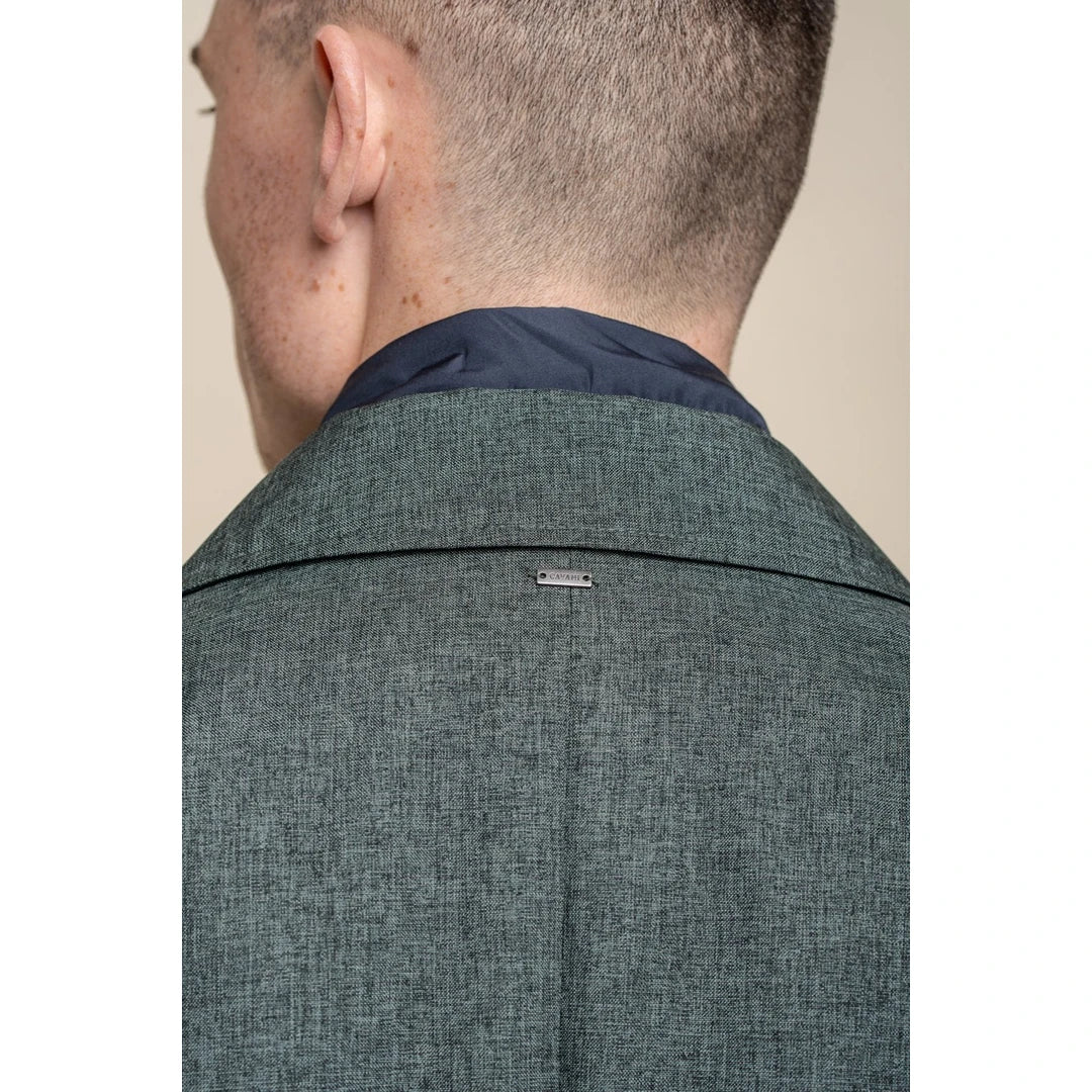 Casaco masculino Brando Mac verde-oliva, gola alta, zíper e botões, tamanho 3/9.