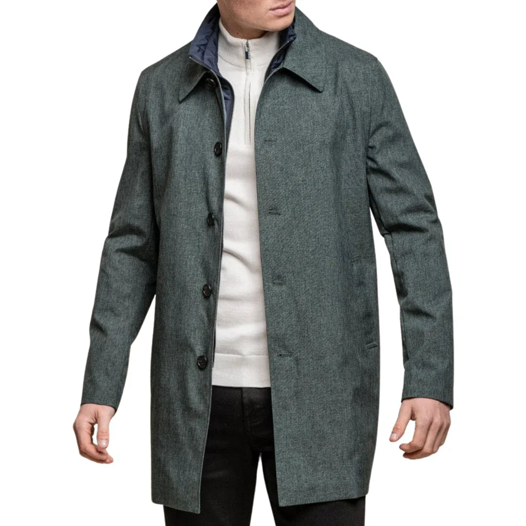 Casaco masculino Brando Mac verde-oliva, gola alta, zíper e botões, tamanho 3/9.