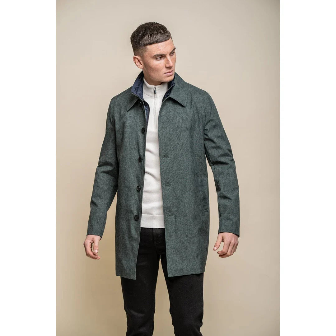 Casaco masculino Brando Mac verde-oliva, gola alta, zíper e botões, tamanho 3/9.