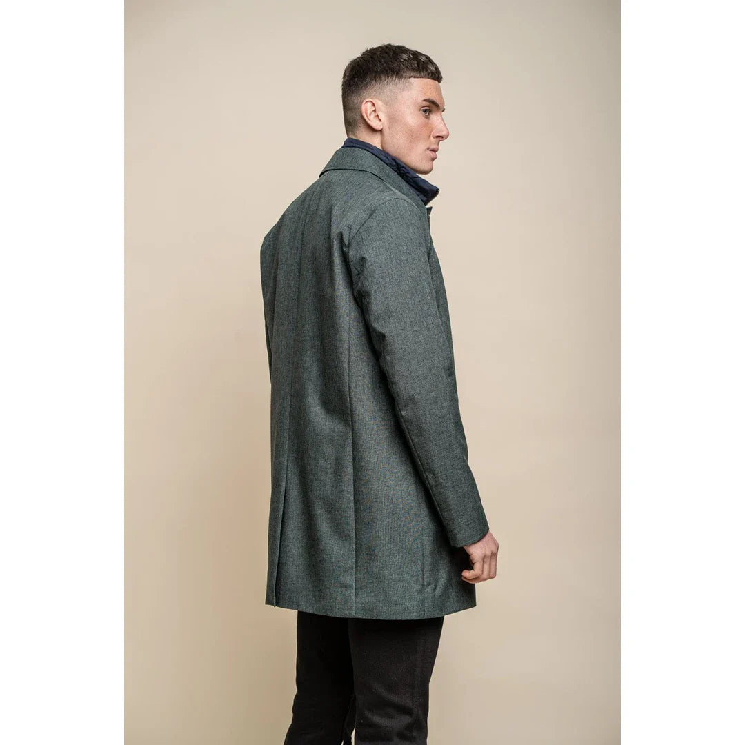 Casaco masculino Brando Mac verde-oliva, gola alta, zíper e botões, tamanho 3/9.