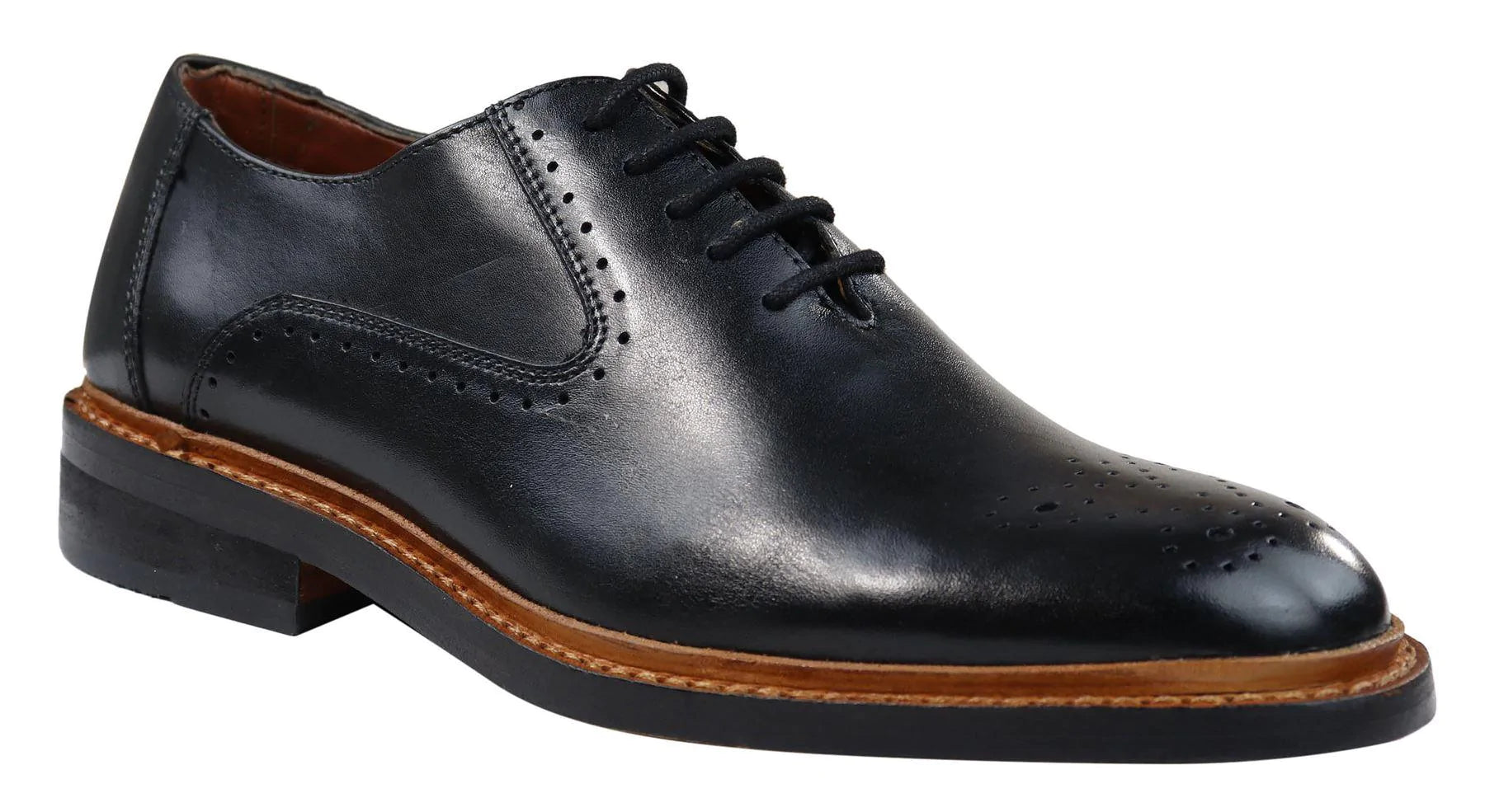Sapatos Oxford Brogue Masculinos em Couro Castanho Claro e Preto com Cadarço e Costura Goodyear