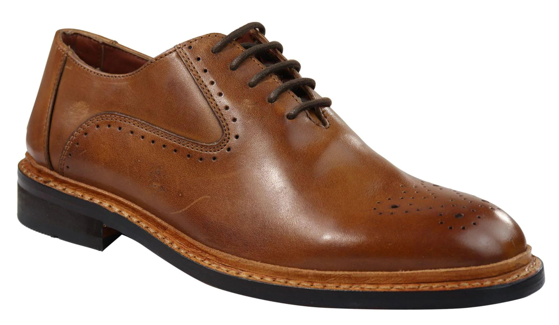 Sapatos Oxford Brogue Masculinos em Couro Castanho Claro e Preto com Cadarço e Costura Goodyear