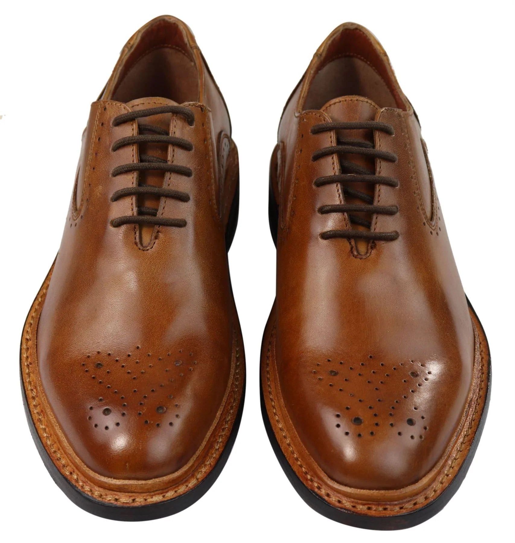 Sapatos Oxford Brogue Masculinos em Couro Castanho Claro e Preto com Cadarço e Costura Goodyear