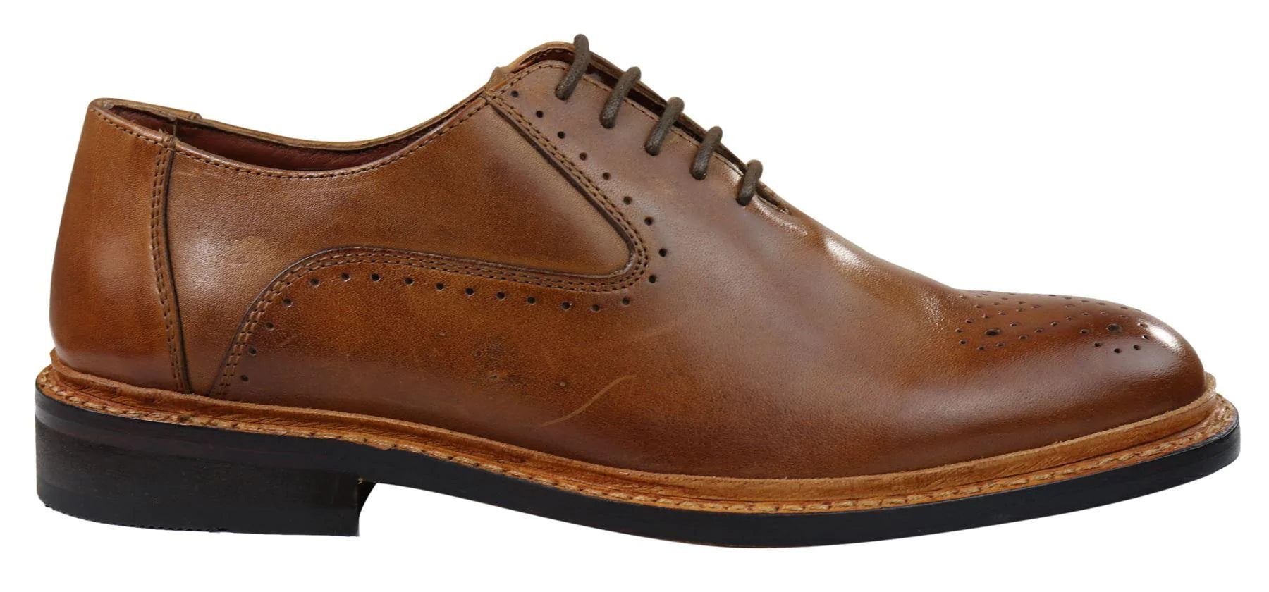 Sapatos Oxford Brogue Masculinos em Couro Castanho Claro e Preto com Cadarço e Costura Goodyear
