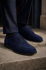 Brera - Sapatos Derby Clássicos Masculinos em Camurça Azul Marinho com Cadarço