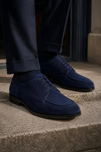 Brera - Sapatos Derby Clássicos Masculinos em Camurça Azul Marinho com Cadarço