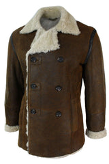 Jaqueta masculina vintage marrom de pele de carneiro alemã autêntica, modelo de abotoamento duplo, estilo marinheiro.