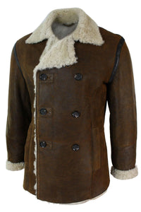 Jaqueta masculina vintage marrom de pele de carneiro alemã autêntica, modelo de abotoamento duplo, estilo marinheiro.