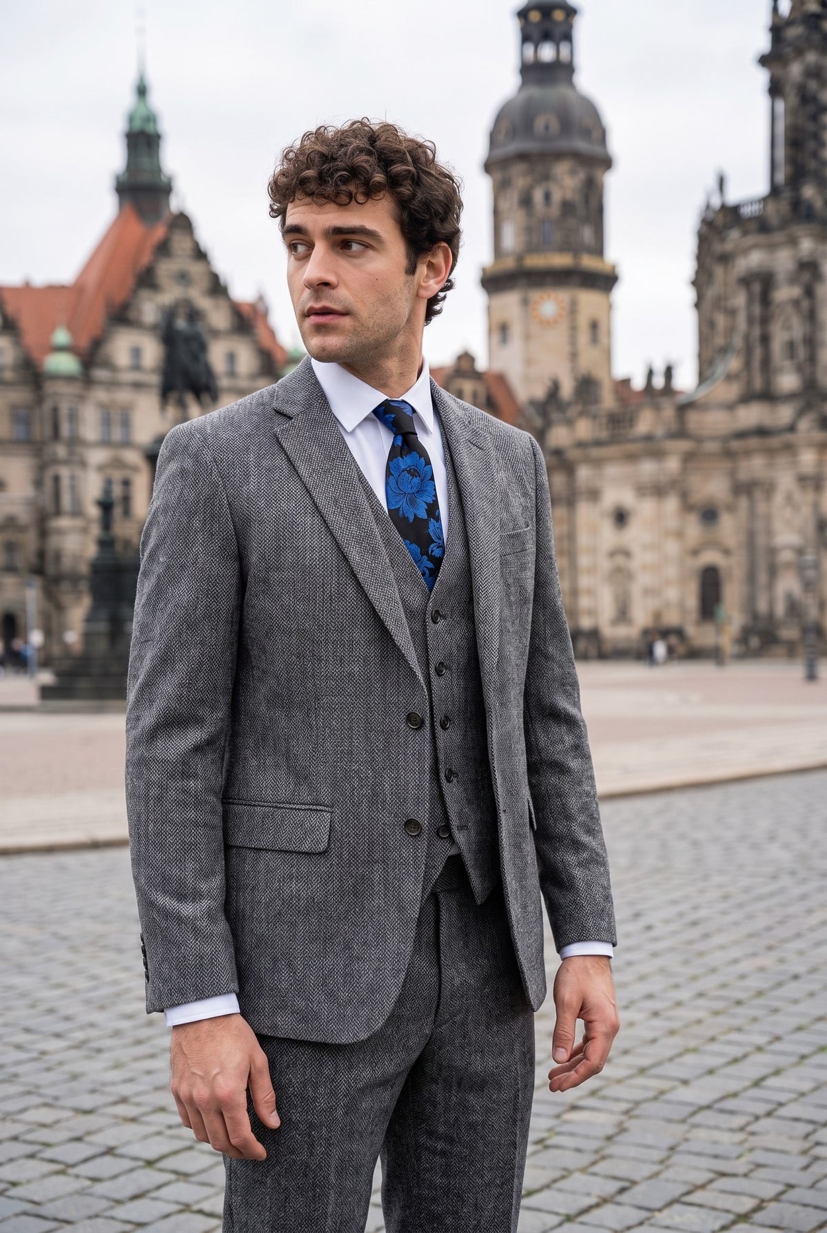 Look #974 styled with IM41 - Terno de tweed espinha de peixe cinza de 3 peças para homem