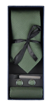 Conjunto de presente com gravata, lenço de bolso e abotoaduras em cetim de seda texturizado verde fosco.