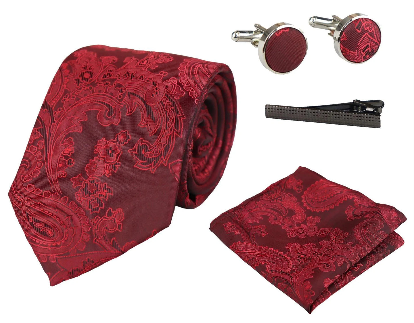 Conjunto de presente com gravata vermelha Paisley, lenço de bolso, abotoaduras e gravata floral de cetim.
