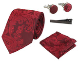 Conjunto de presente com gravata vermelha Paisley, lenço de bolso, abotoaduras e gravata floral de cetim.