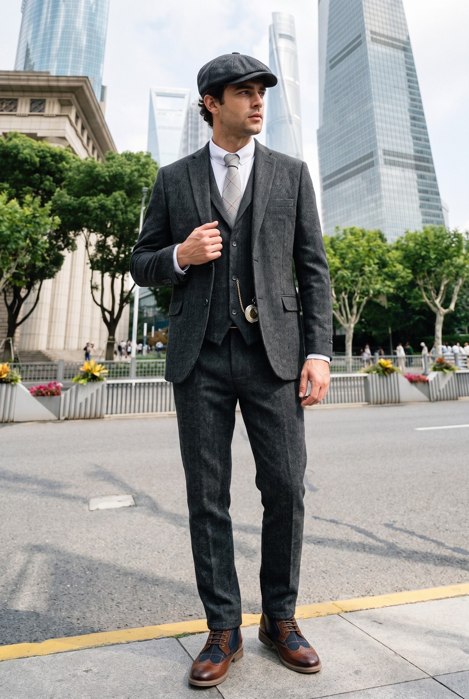 Look #882 styled with Terno masculino de tweed espinha de peixe cinza carvão de 3 peças - STZ11