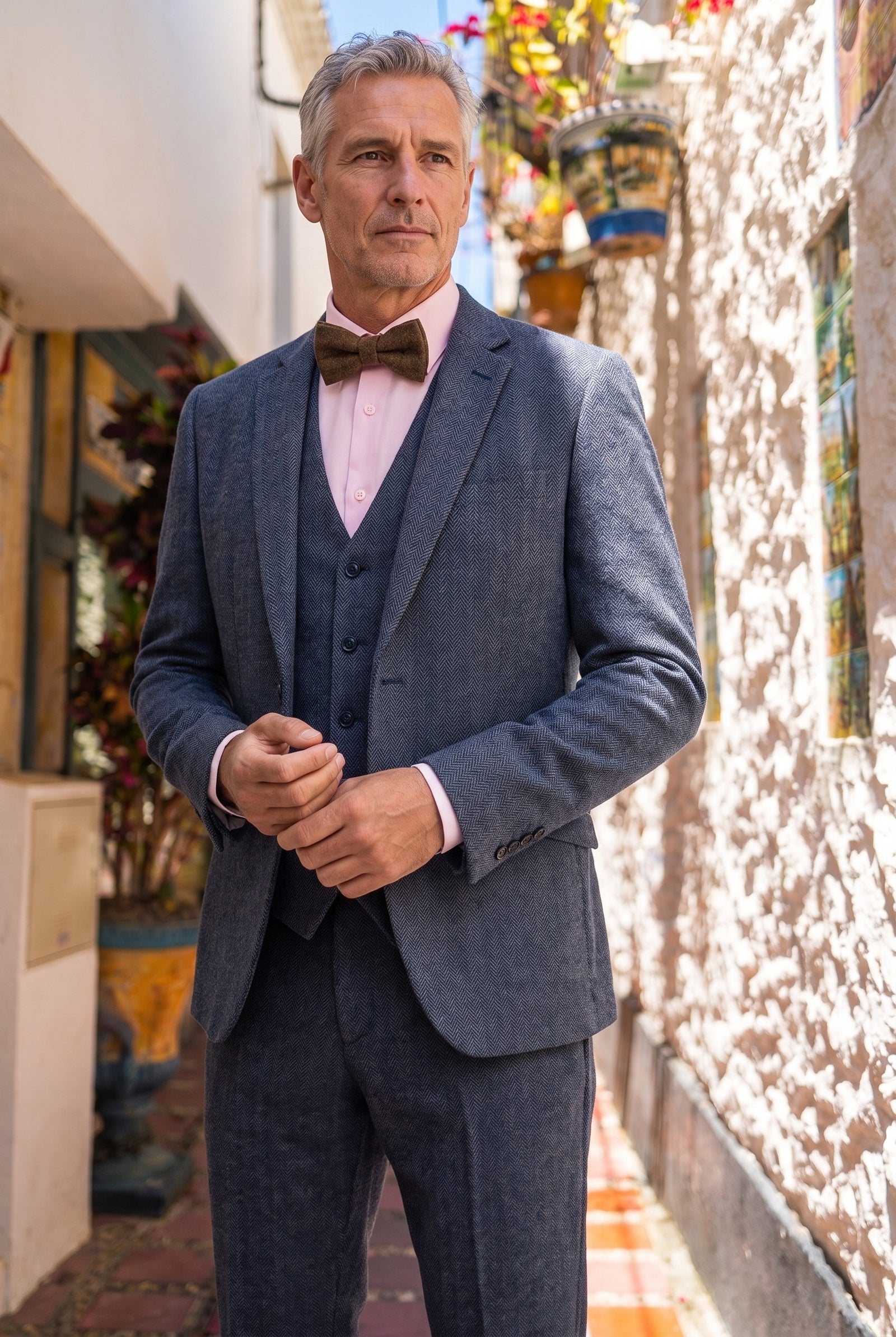 Look #956 styled with Gravata borboleta masculina Marc Darcy em tweed espinha de peixe texturizado, estilo vintage retrô, marrom claro, modelo Nelson.