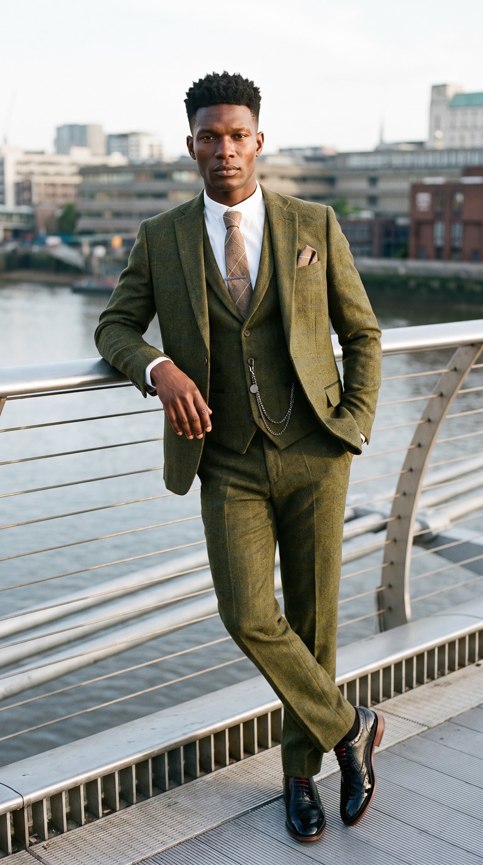 Look #715 styled with Terno masculino de 3 peças em lã tweed xadrez verde, azul e marrom, estilo Gatsby dos anos 1920