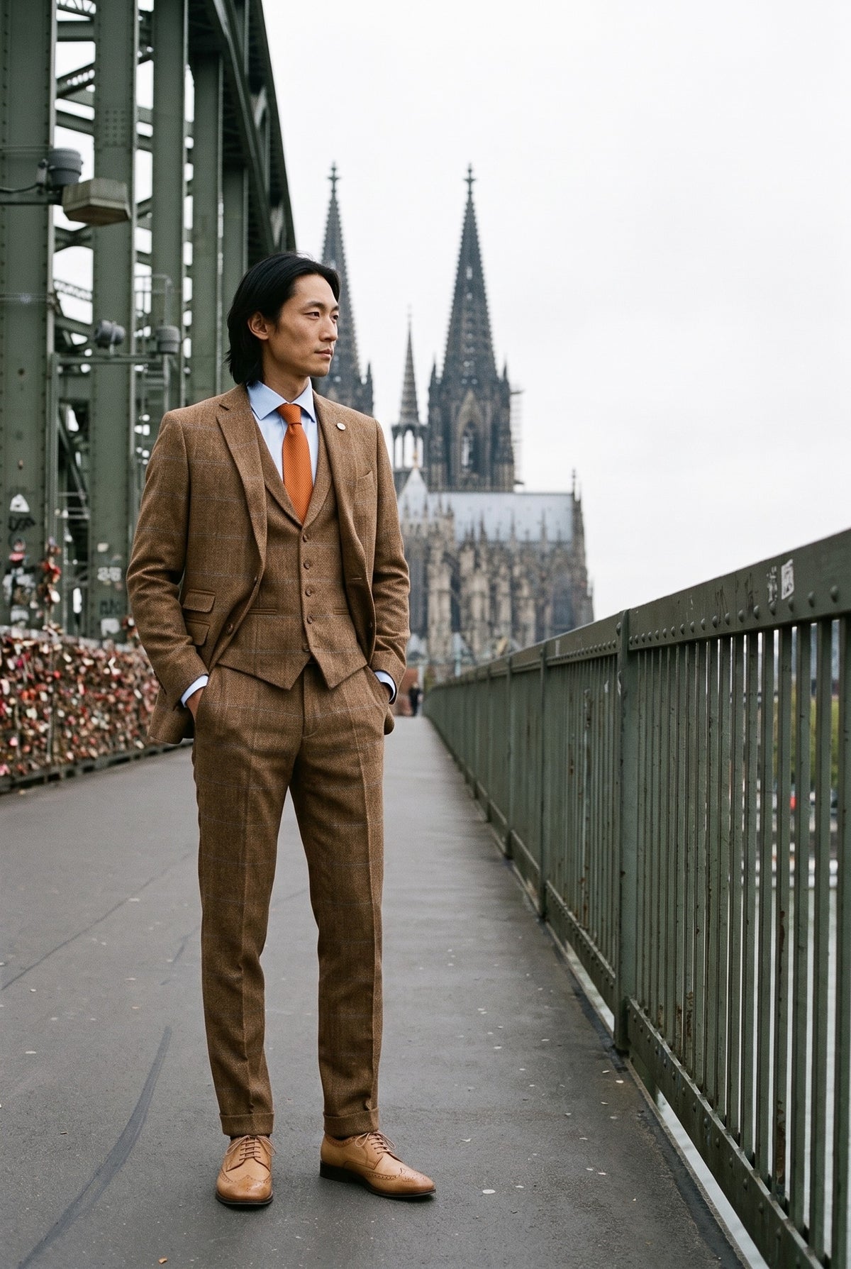 Look #982 styled with Terno masculino de 3 peças em lã tweed espinha de peixe, xadrez em tons de bege, marrom e azul, estilo Gatsby dos anos 1920