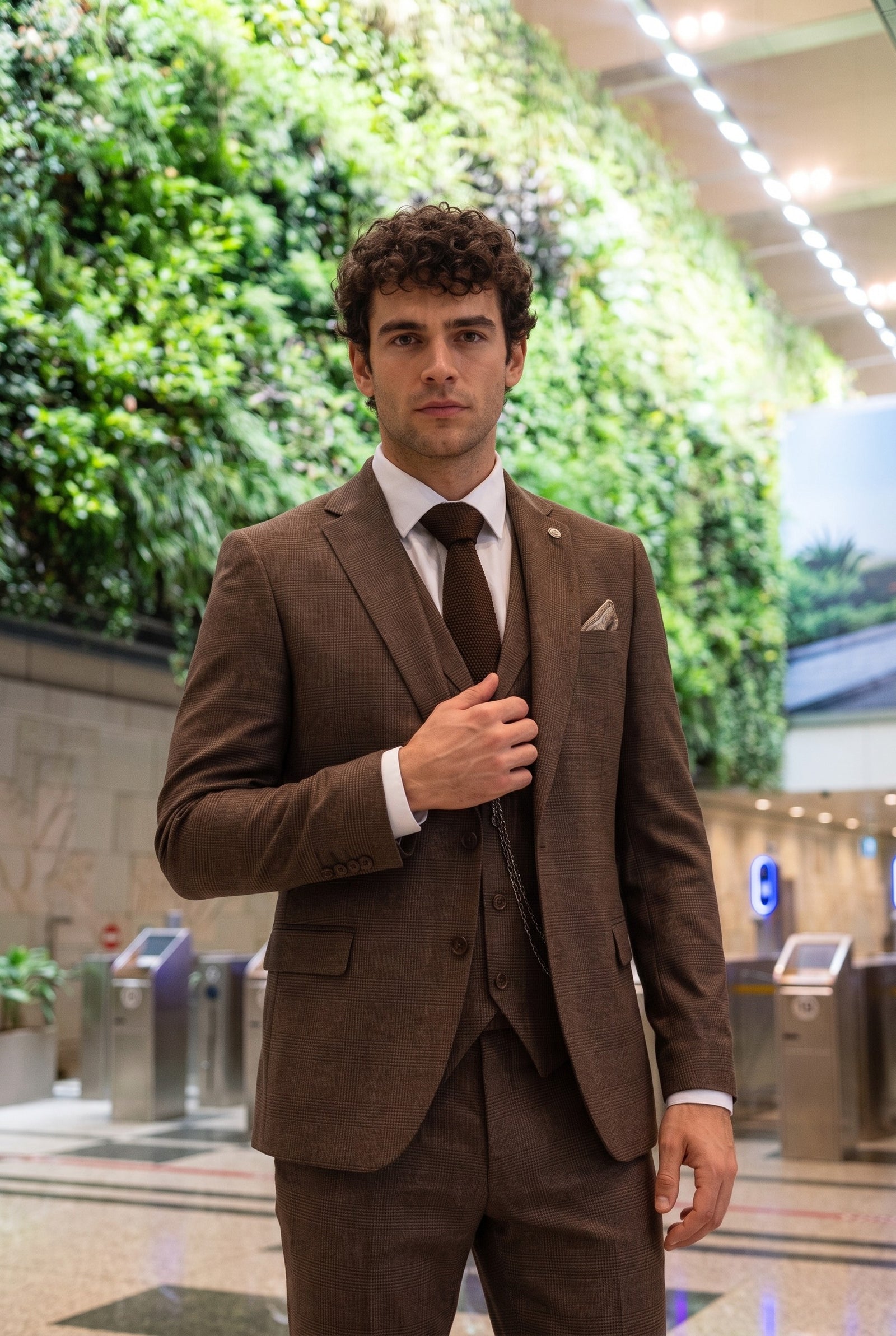 Look #567 styled with TP-50 - Terno masculino marrom de 3 peças com estampa Príncipe de Gales