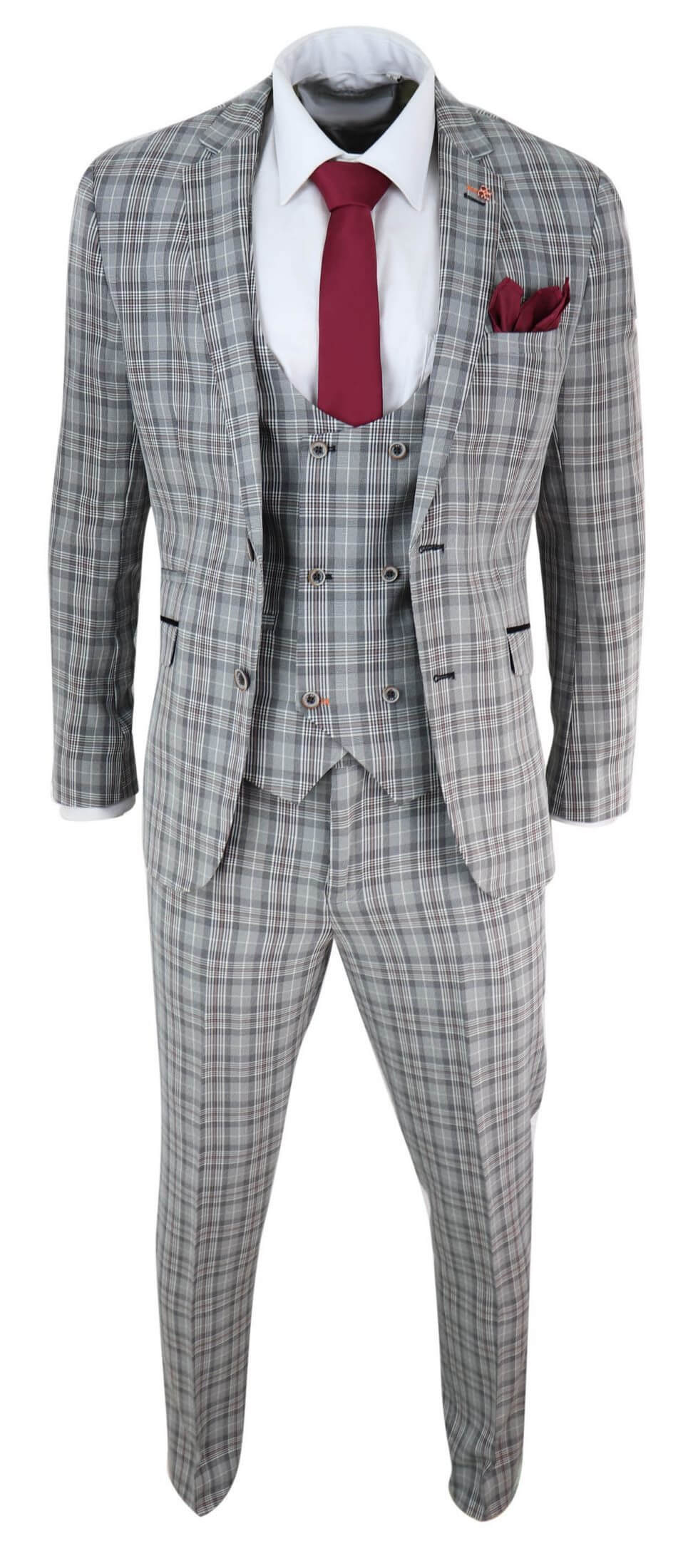 Terno masculino de 3 peças em tweed cinza xadrez