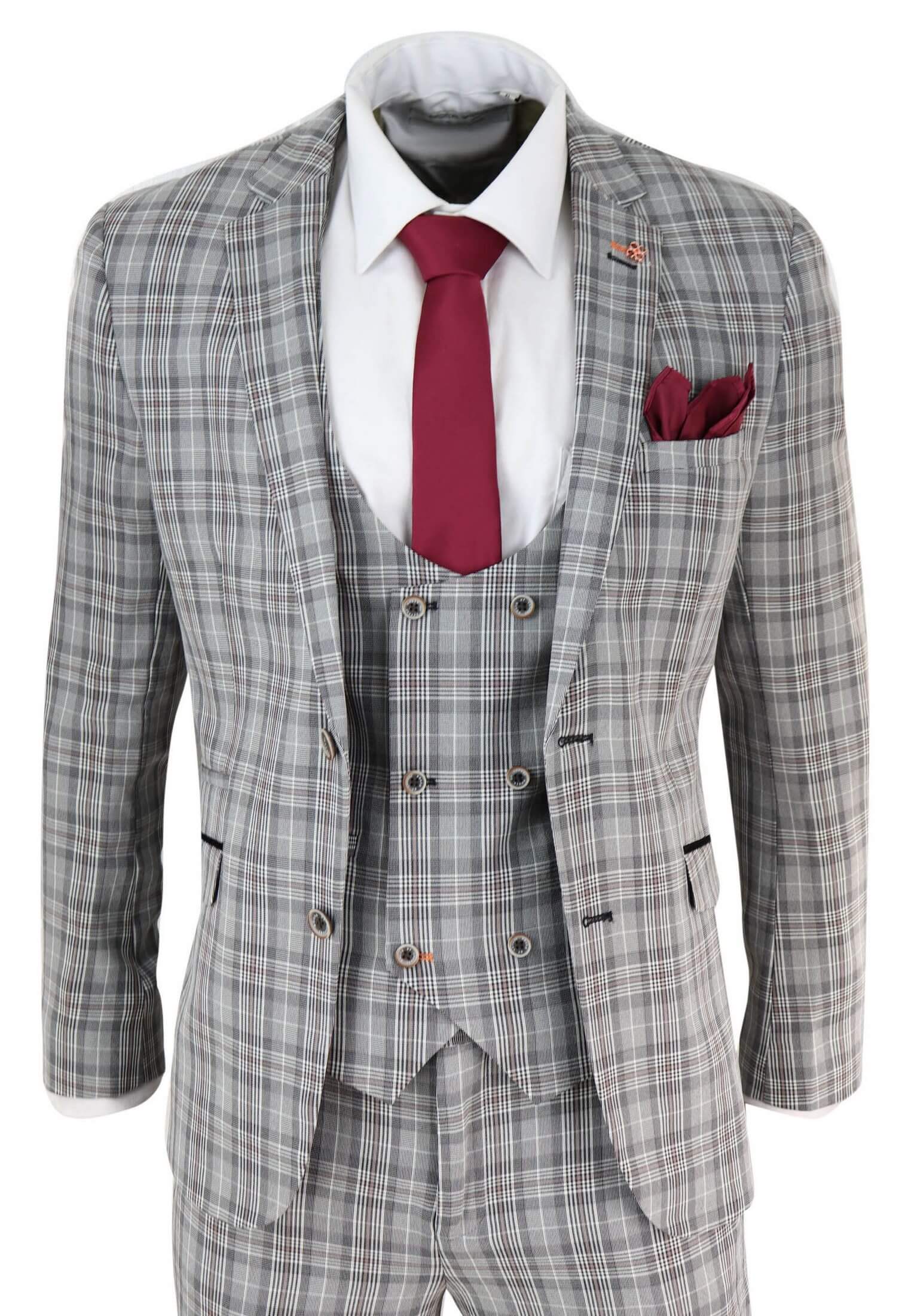 Terno masculino de 3 peças em tweed cinza xadrez