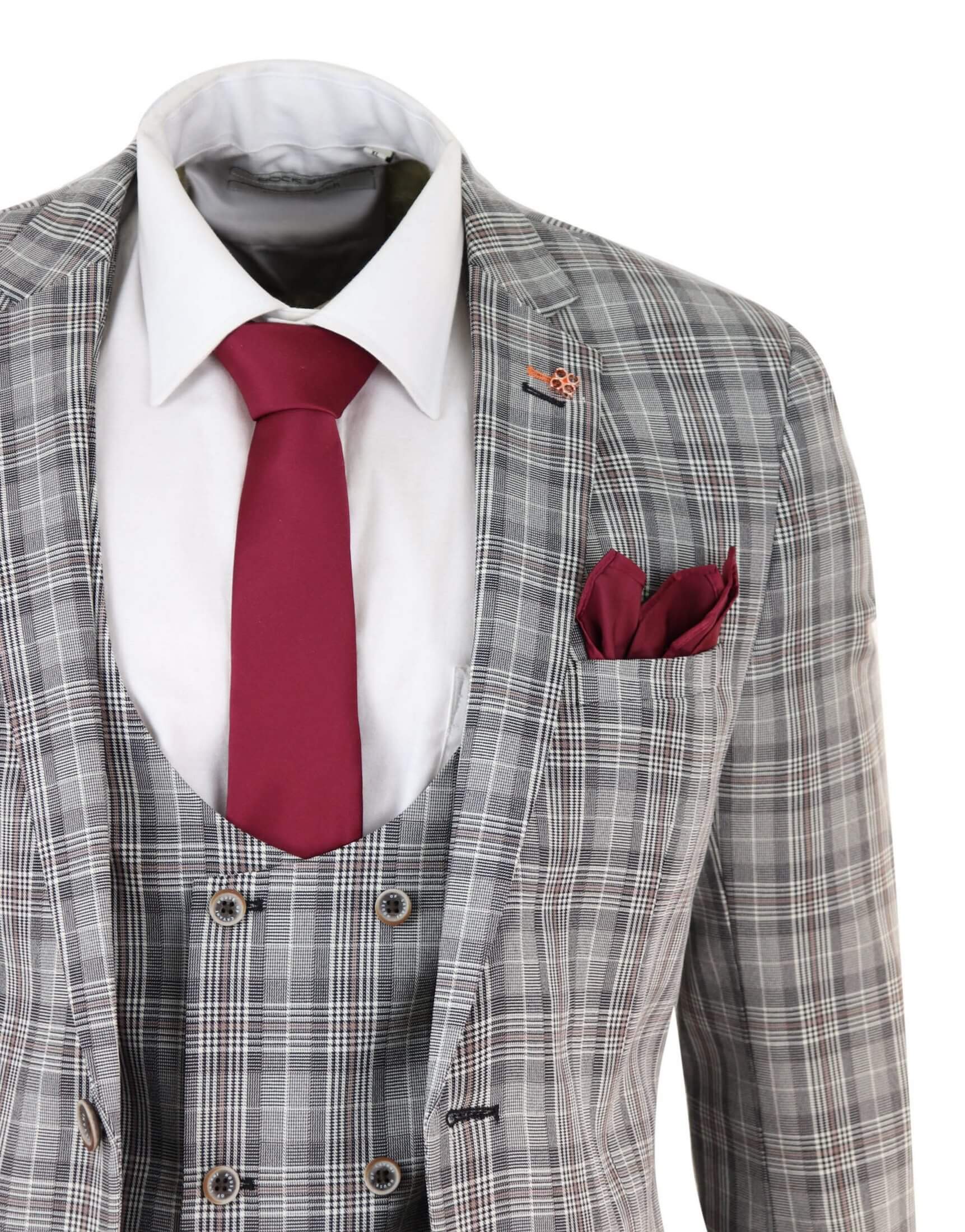 Terno masculino de 3 peças em tweed cinza xadrez