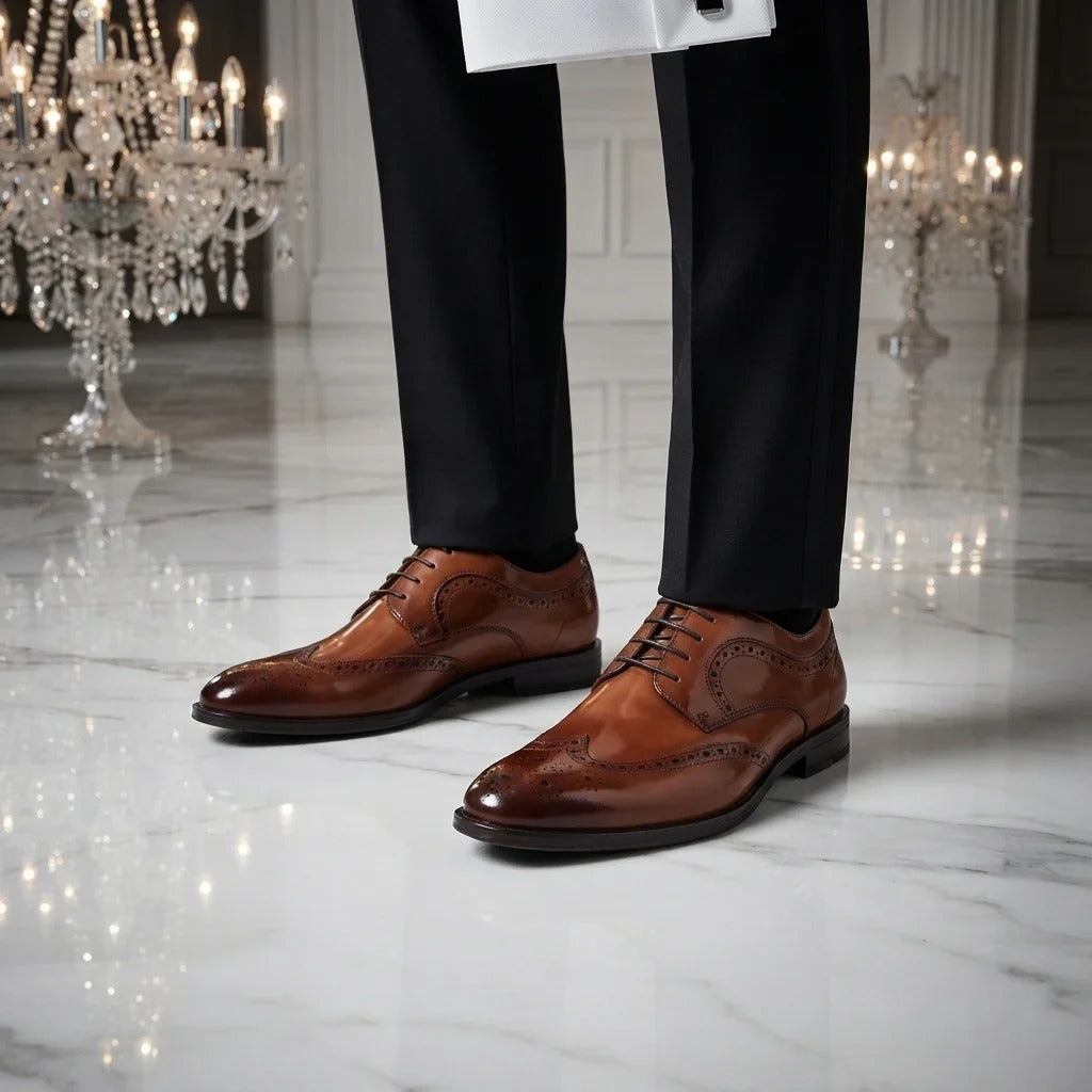 Cambridge - Sapatos Derby Brogue Wingtip Masculinos em Castanho Claro