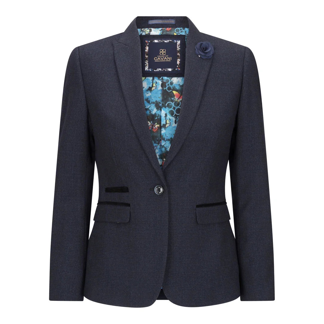 Blazer azul-marinho com forro floral sobre fundo branco.