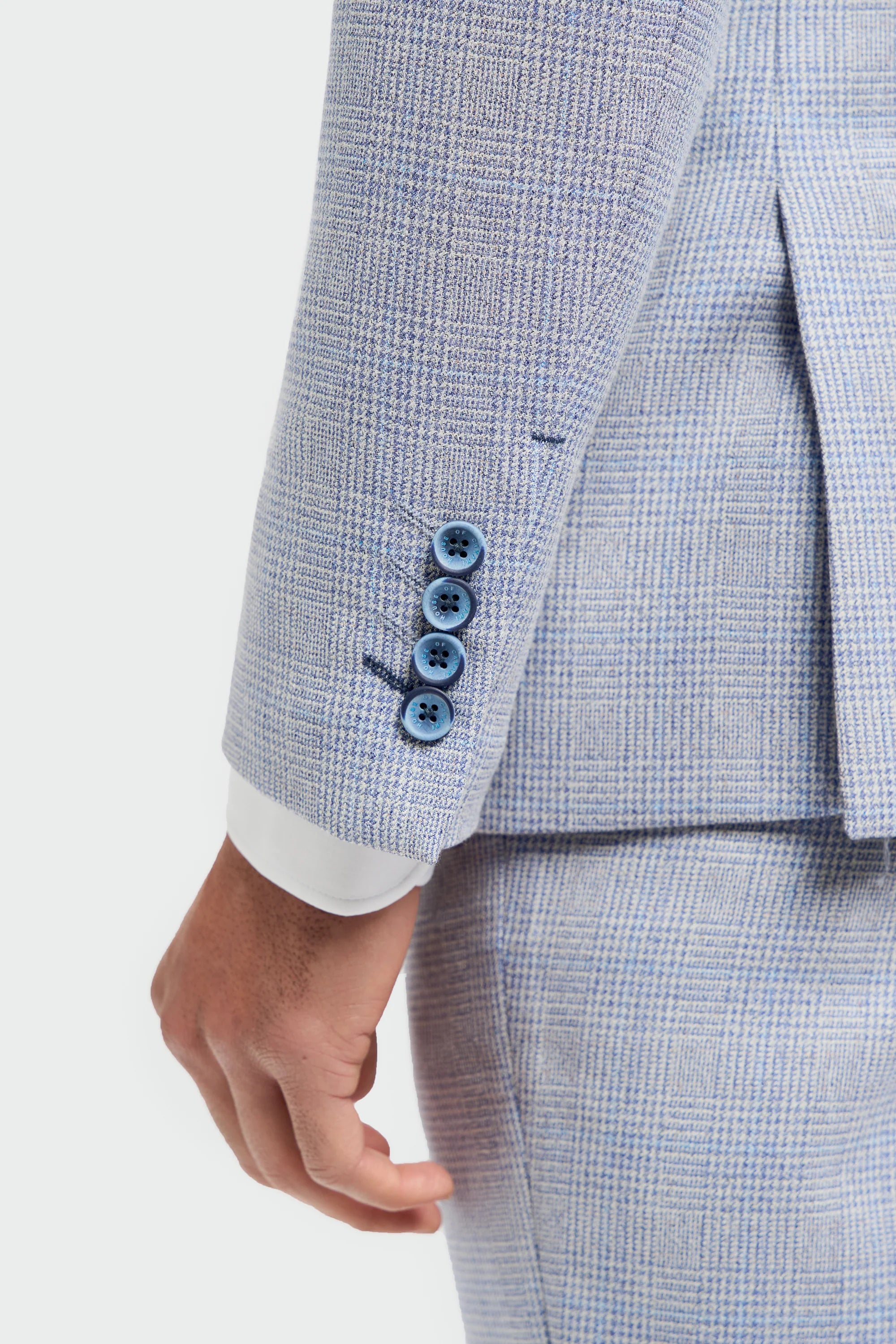 Terno masculino de 3 peças xadrez em tweed azul claro, corte sob medida, estilo Peaky Blinders clássico para casamento.