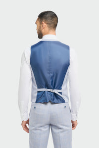 Terno masculino de 3 peças xadrez em tweed azul claro, corte sob medida, estilo Peaky Blinders clássico para casamento.