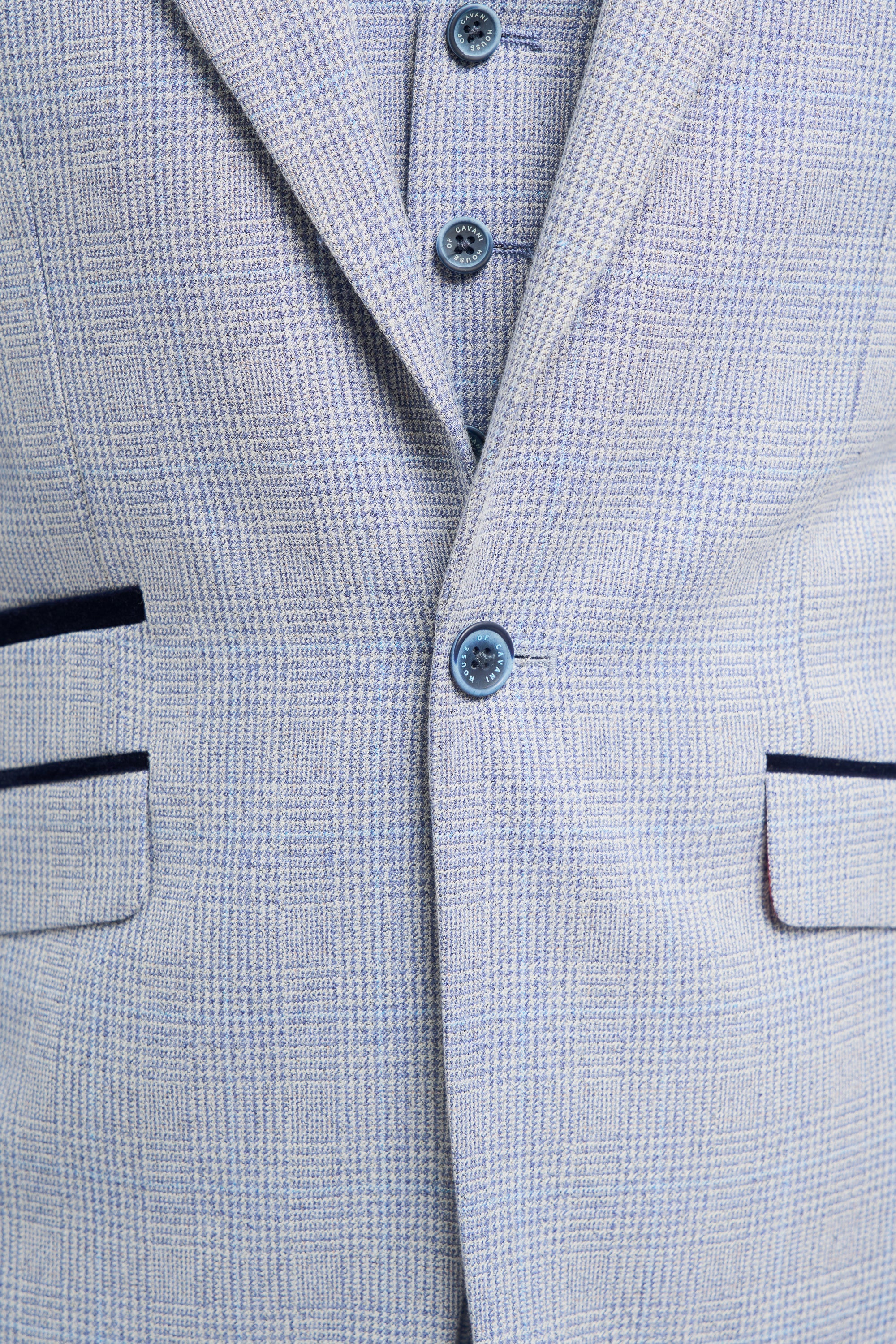 Terno masculino de 3 peças xadrez em tweed azul claro, corte sob medida, estilo Peaky Blinders clássico para casamento.