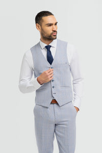 Terno masculino de 3 peças xadrez em tweed azul claro, corte sob medida, estilo Peaky Blinders clássico para casamento.
