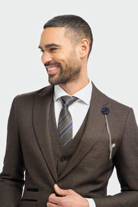 Terno masculino de 3 peças xadrez em tweed preto e marrom, corte sob medida, para casamento, estilo Peaky Blinders clássico.