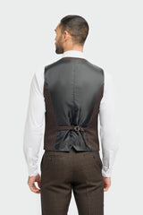 Terno masculino de 3 peças xadrez em tweed preto e marrom, corte sob medida, para casamento, estilo Peaky Blinders clássico.