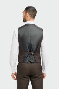 Terno masculino de 3 peças xadrez em tweed preto e marrom, corte sob medida, para casamento, estilo Peaky Blinders clássico.