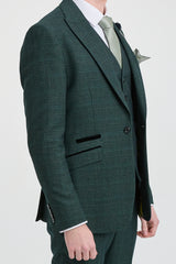 Terno masculino de 3 peças xadrez em tweed verde-oliva, corte sob medida, para casamento, estilo Peaky Blinders clássico.