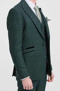 Terno masculino de 3 peças xadrez em tweed verde-oliva, corte sob medida, para casamento, estilo Peaky Blinders clássico.