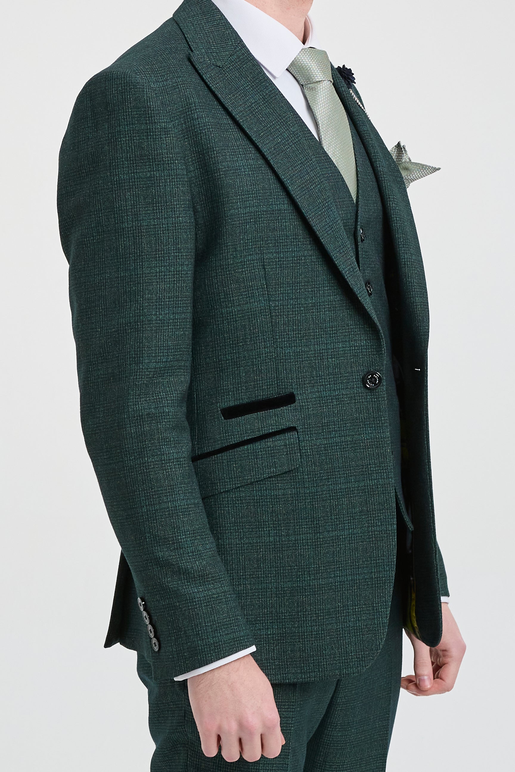 Terno masculino de 3 peças xadrez em tweed verde-oliva, corte sob medida, para casamento, estilo Peaky Blinders clássico.