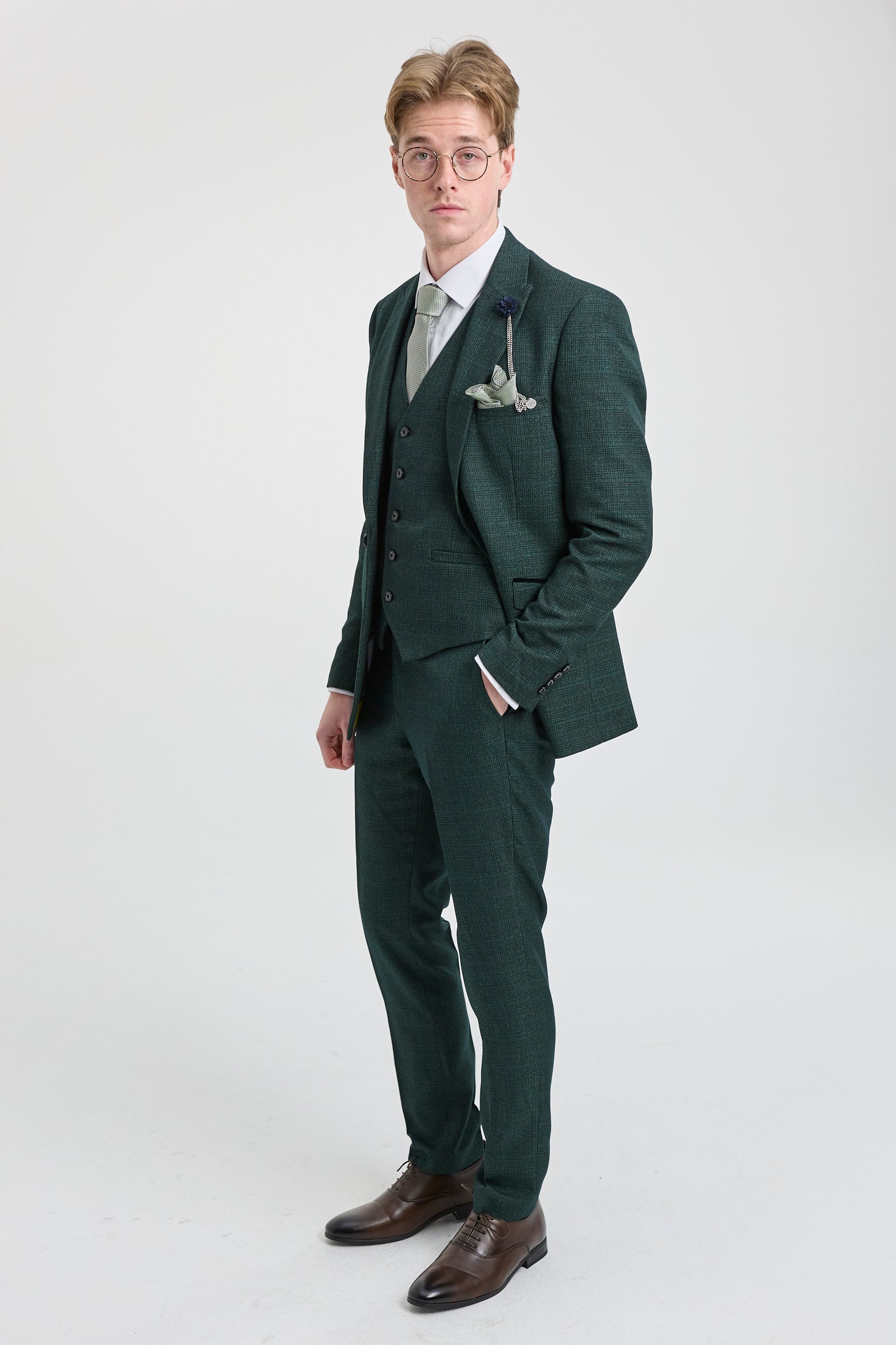 Terno masculino de 3 peças xadrez em tweed verde-oliva, corte sob medida, para casamento, estilo Peaky Blinders clássico.