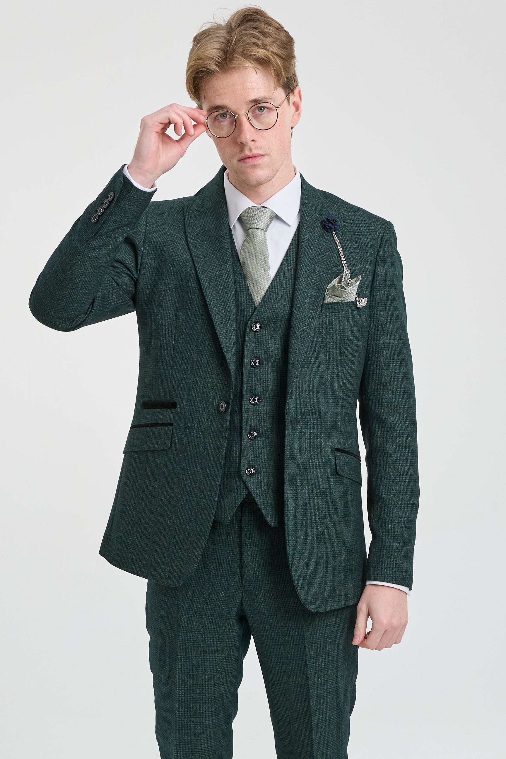 Terno masculino de 3 peças xadrez em tweed verde-oliva, corte sob medida, para casamento, estilo Peaky Blinders clássico.