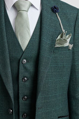 Terno masculino de 3 peças xadrez em tweed verde-oliva, corte sob medida, para casamento, estilo Peaky Blinders clássico.